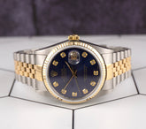 Rolex Datejust 36mm 18k YG 2-Tone Fluted Dark Blue Diamond Dial Watch 16013